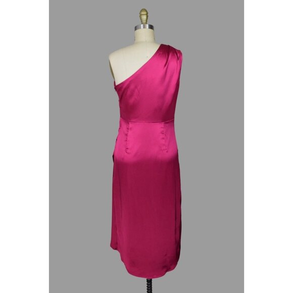 RACHEL ZOE DARK PINK SATIN RUCHED ONE SHOULDER MIDI DRESS - Picture 5 of 7
